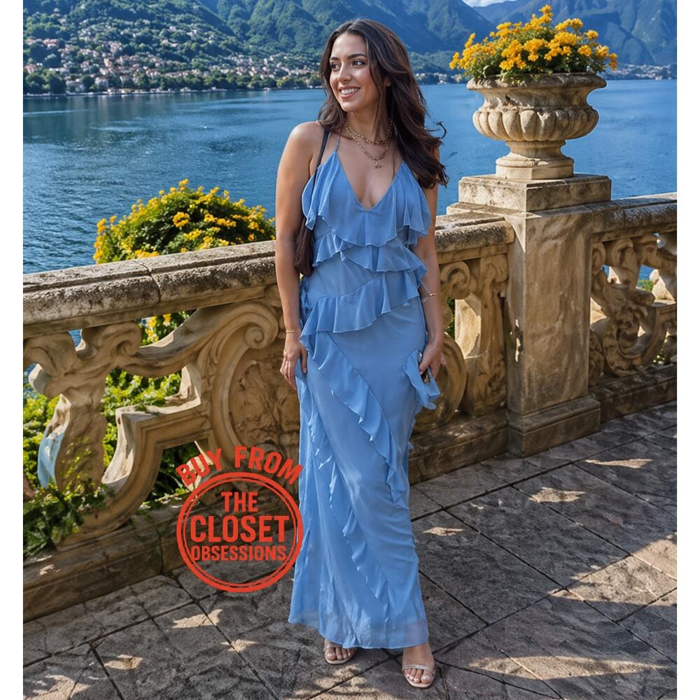 Zara Blue Ruffle Tiered Maxi Dress Strappy V-Neck Flowy Wedding Guest Size M L - Picture 10 of 16